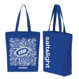 Blue tote bag with white graphics and text on a white background