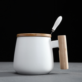 Coffee Mug with Spoon, Wooden Handle and Cover